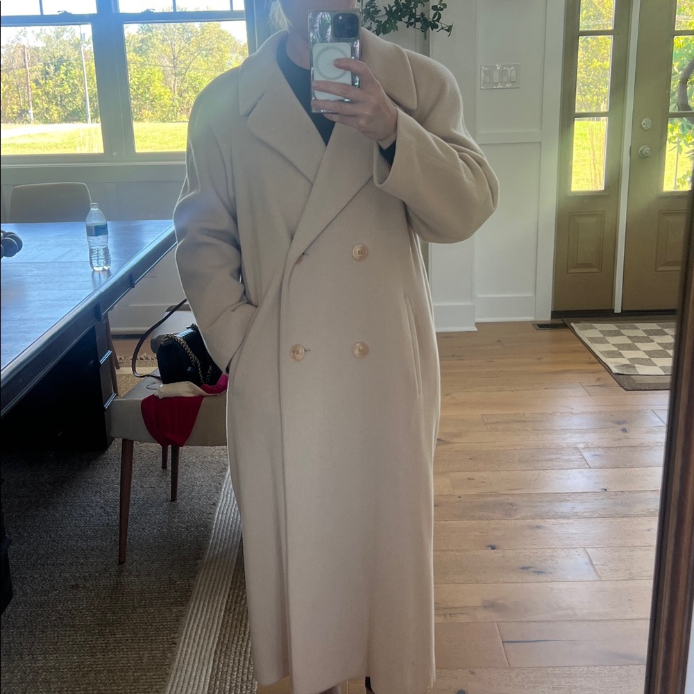 Evan Picone Double-Breasted Long Cream Wool Coat